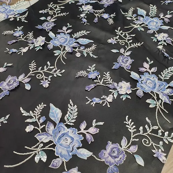 3D Embroidery Flos Applique Beads et Sequins Acupictura Lace Fabric