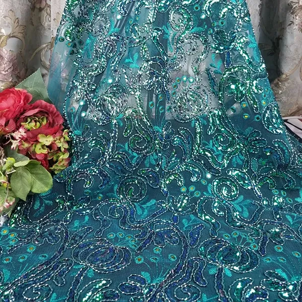 Custom High Quality Tulle Mesh Embroidery Sequin Fabric Guipure Lace Fabric