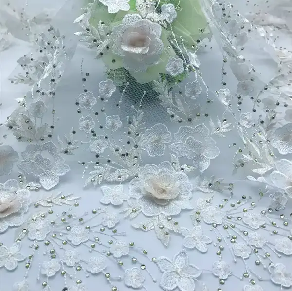 Custom Luxury Heavy Made Embroidery Tulle Beads Lace Mesh Beaded Fabric