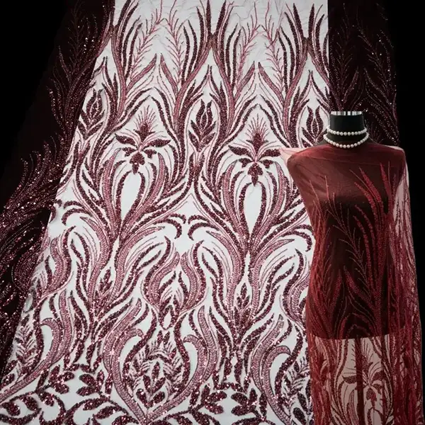 Luxuria Eco-Friendly Red Beaded Sponsaeque Picta Lace Sequins Mesh Tulle Nuptialis Dress Textilia Women C% Polyester