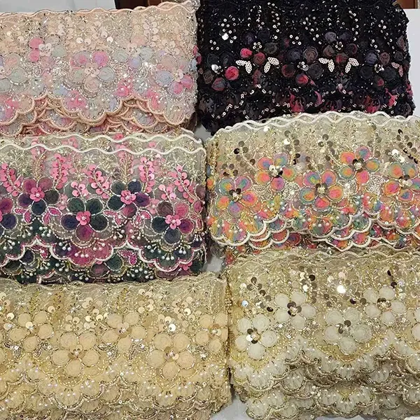 Multicolor Plumarium Lace cum 3D Mesh Flores Ribbon Beaded Tube Barcode Plumarii Lace