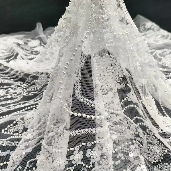 Alba Beaded Embroidery Lace Fabric Luxury White Bridal Wedding Dress Sequence Beaded Embroidery Lace Fabric